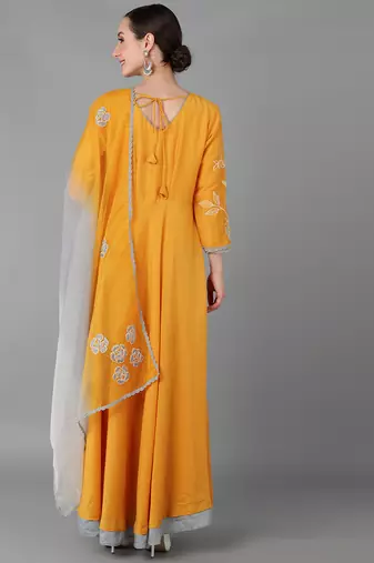 women mustard chanderi silk solid embroidered anarkali kurta