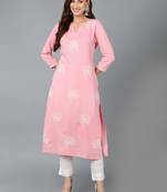 women pink cotton blend solid embroidered straight kurta