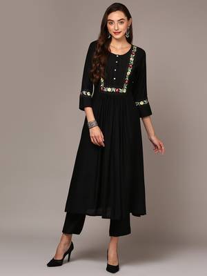 women black viscose rayon solid embroidered a-line kurta 1