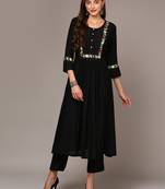 women black viscose rayon solid embroidered a-line kurta