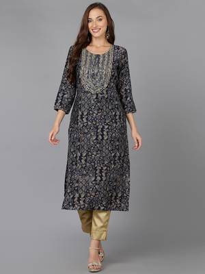 women navy blue cotton blend ethnic motifs embroidered straight kurta 1