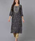 women navy blue cotton blend ethnic motifs embroidered straight kurta