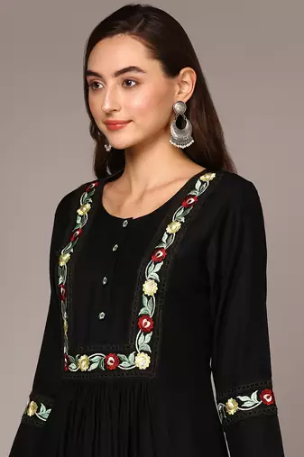 women black viscose rayon solid embroidered a-line kurta