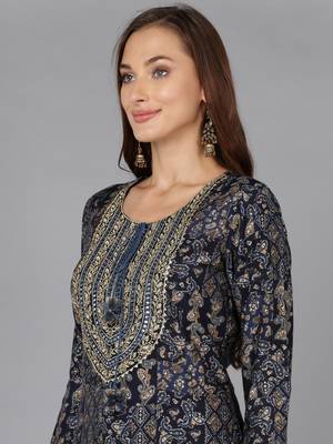 women navy blue cotton blend ethnic motifs embroidered straight kurta 2