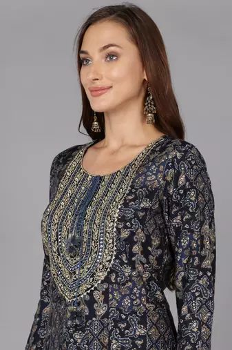 women navy blue cotton blend ethnic motifs embroidered straight kurta