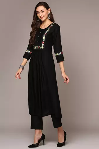 women black viscose rayon solid embroidered a-line kurta