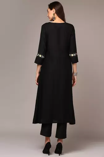 women black viscose rayon solid embroidered a-line kurta