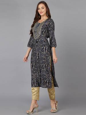 women navy blue cotton blend ethnic motifs embroidered straight kurta 3