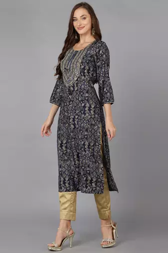 women navy blue cotton blend ethnic motifs embroidered straight kurta