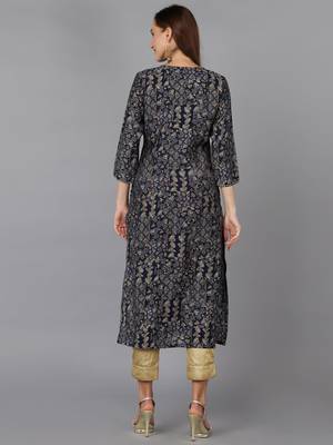 women navy blue cotton blend ethnic motifs embroidered straight kurta 4