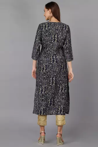 women navy blue cotton blend ethnic motifs embroidered straight kurta