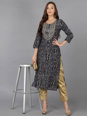 women navy blue cotton blend ethnic motifs embroidered straight kurta 5