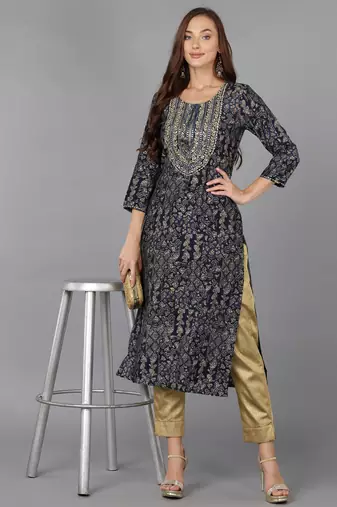 women navy blue cotton blend ethnic motifs embroidered straight kurta