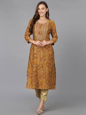 women mustard cotton blend ethnic motifs embroidered straight kurta 1