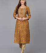 women mustard cotton blend ethnic motifs embroidered straight kurta
