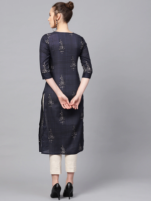 women navy blue rayon blend ethnic motifs printed straight kurta 4