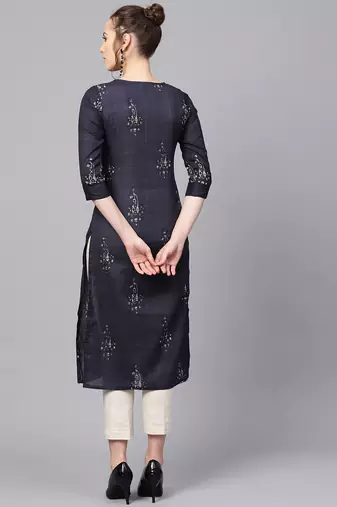 women navy blue rayon blend ethnic motifs printed straight kurta