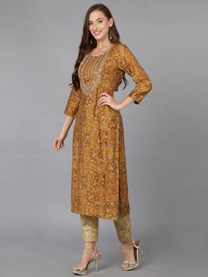 women mustard cotton blend ethnic motifs embroidered straight kurta 3