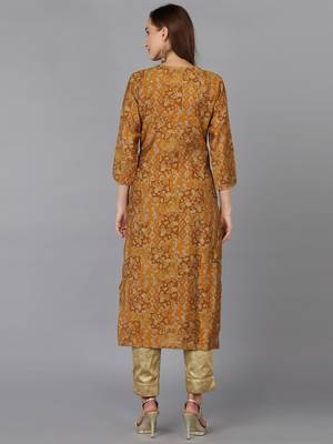 women mustard cotton blend ethnic motifs embroidered straight kurta 4