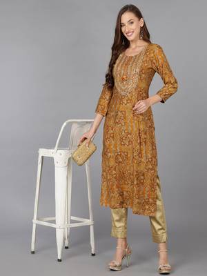 women mustard cotton blend ethnic motifs embroidered straight kurta 5