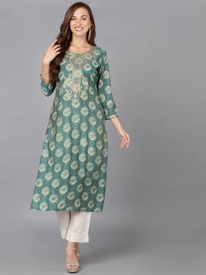 women green silk blend ethnic motifs embroidered straight kurta 1