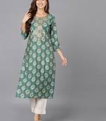 women green silk blend ethnic motifs embroidered straight kurta