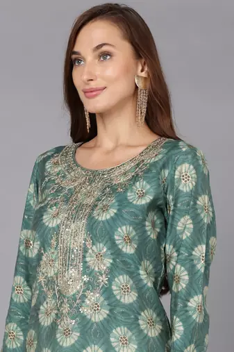 women green silk blend ethnic motifs embroidered straight kurta