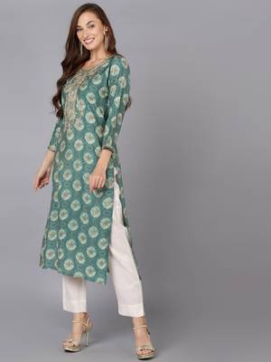 women green silk blend ethnic motifs embroidered straight kurta 3