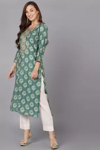 women green silk blend ethnic motifs embroidered straight kurta