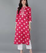 women pink cotton tie & dye embroidered straight kurta