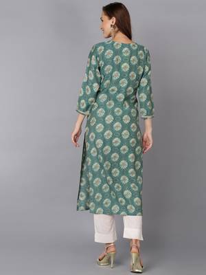 women green silk blend ethnic motifs embroidered straight kurta 4