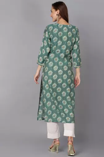 women green silk blend ethnic motifs embroidered straight kurta