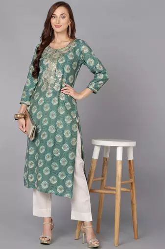 women green silk blend ethnic motifs embroidered straight kurta