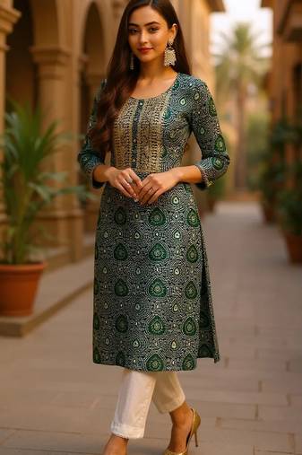 women green viscose rayon bandhani embroidered straight kurta