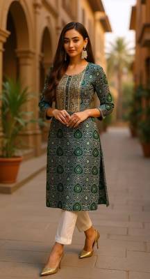 women green viscose rayon bandhani embroidered straight kurta 1