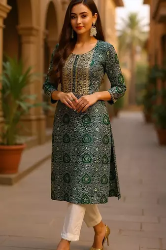 women green viscose rayon bandhani embroidered straight kurta