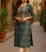 women green viscose rayon bandhani embroidered straight kurta