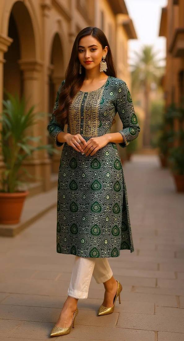 women green viscose rayon bandhani embroidered straight kurta