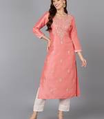 women pink silk blend solid embroidered straight kurta