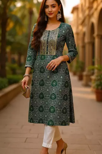 women green viscose rayon bandhani embroidered straight kurta
