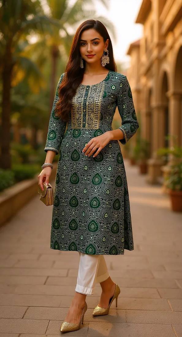 women green viscose rayon bandhani embroidered straight kurta
