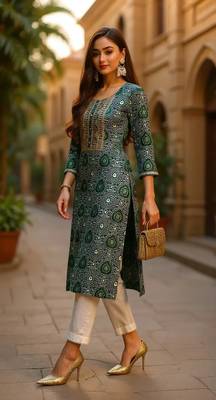 women green viscose rayon bandhani embroidered straight kurta 3