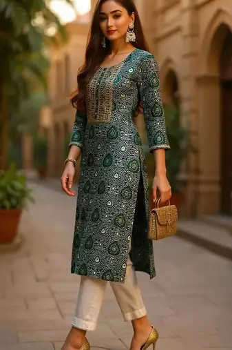 women green viscose rayon bandhani embroidered straight kurta
