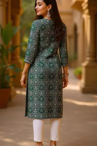 women green viscose rayon bandhani embroidered straight kurta