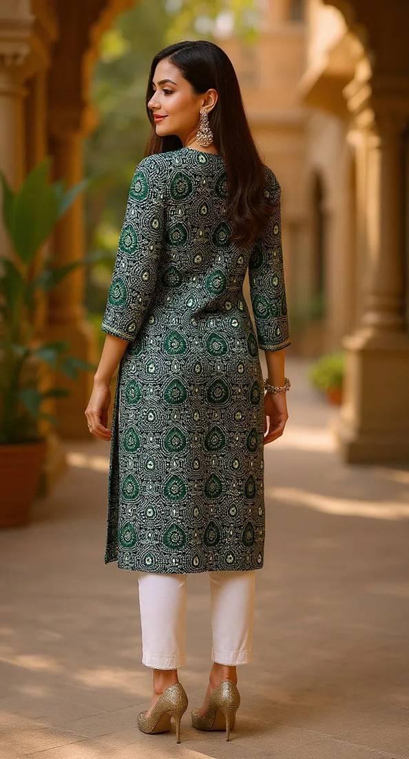 women green viscose rayon bandhani embroidered straight kurta