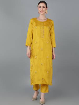 women mustard silk blend solid embroidered straight kurta 1