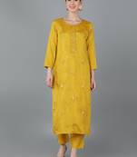 women mustard silk blend solid embroidered straight kurta