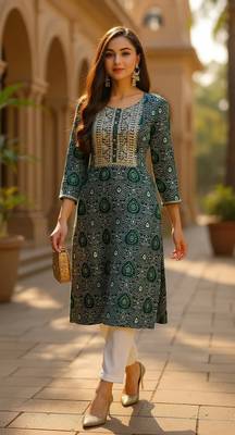 women green viscose rayon bandhani embroidered straight kurta 5