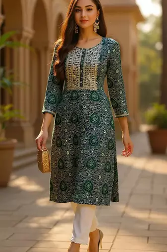 women green viscose rayon bandhani embroidered straight kurta