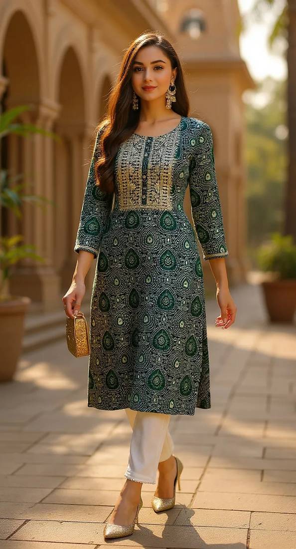 women green viscose rayon bandhani embroidered straight kurta
